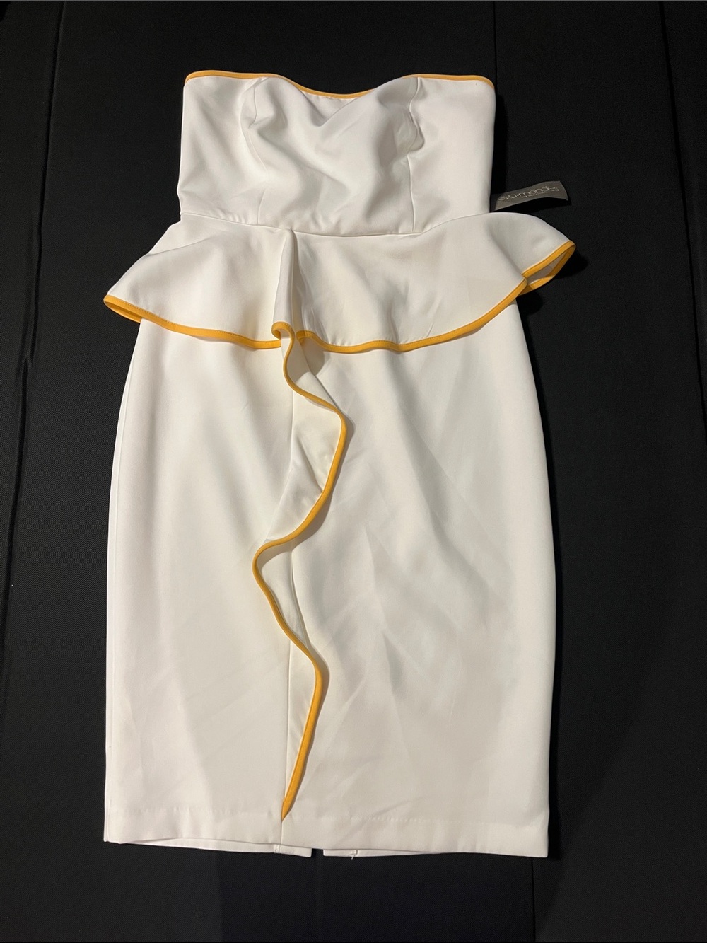 eva mendes for New York & Company White Strapless Peplum Dress with Yellow Trim